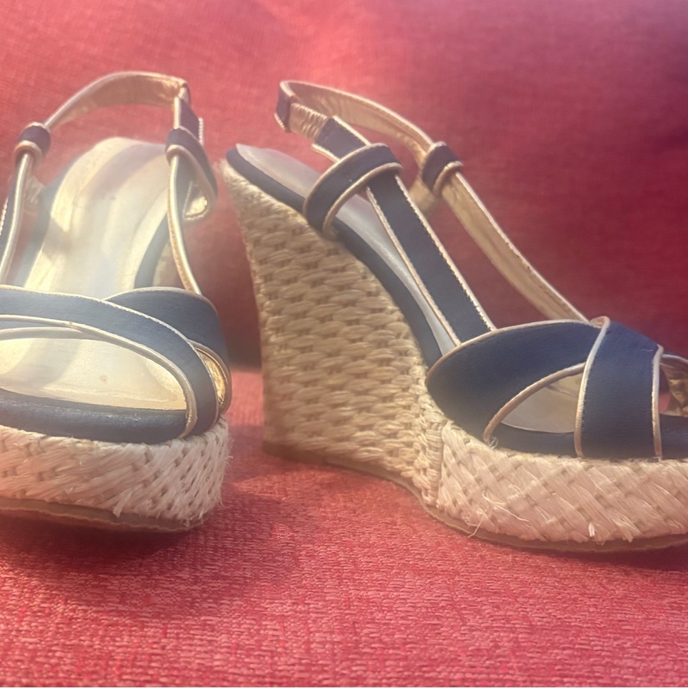 Lilly Pulitzer Navy and Gold Wedge Sandals
